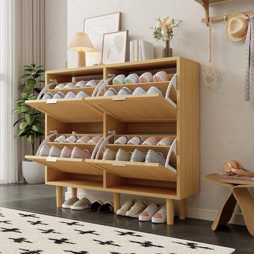 Kebnor Schuhschrank mit 4 Klappschubladen, Schuhkommode aus Rattan mit Metallgriffen, Schuhregal für Flur, Schlafzimmer, Wohnung,Holzmöbel, Landhausstil, Maße: 100 x 25 x 90 cm Kebnor Schuhschrank mit 4 Klappschubladen, Schuhkommode aus Rattan mit Metallgriffen, Schuhregal für Flur, Schlafzimmer, Wohnung,Holzmöbel, Landhausstil, Maße: 100 x 25 x 90 cm von Kebnor