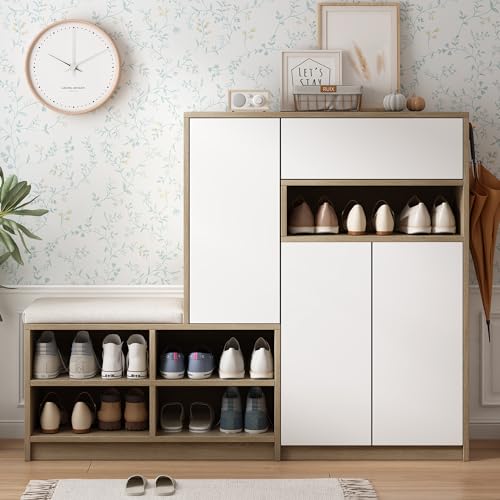 Schuhaufbewahrungsbank & Schuhschrank,Schuhbank, multifunktionales Schuhregal mit gepolstertem Sitz, vielseitige Schuhaufbewahrungslösung mit verstellbaren Regalen für den,B140/T35/H110 cm (weiß) Schuhaufbewahrungsbank & Schuhschrank,Schuhbank, multifunktionales Schuhregal mit gepolstertem Sitz, vielseitige Schuhaufbewahrungslösung mit verstellbaren Regalen für den,B140/T35/H110 cm (weiß) von Kebnor