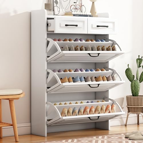 Schuhkommode mit drehbarem Schuhschrank, bestehend aus drei großen Klappen und zwei Schubladen, Holzschuhschrank, Schuhregal, Geeignet für Eingangsbereiche und Wohnzimmer - Maße: B80/T23.5/H120 cm Schuhkommode mit drehbarem Schuhschrank, bestehend aus drei großen Klappen und zwei Schubladen, Holzschuhschrank, Schuhregal, Geeignet für Eingangsbereiche und Wohnzimmer - Maße: B80/T23.5/H120 cm von Kebnor