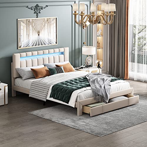 KecDuey 140 x 200 cm Polsterbett mit LED-Beleuchtung, Schubladen, Lattenrost, hautfreundliche Bettwäsche Beige Bett Doppelbett Jugendbett (ohne Matratze) von KecDuey