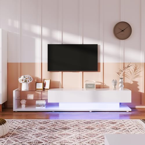 KecDuey TV Schrank 170cm, Lowboards, Hochglanz Wohnzimmermöbel TV Kommode mit Glastrennwände und Variable LED-Beleuchtung,natürlichen, rustikalen Stil mit modernem Design (Weiß) von KecDuey