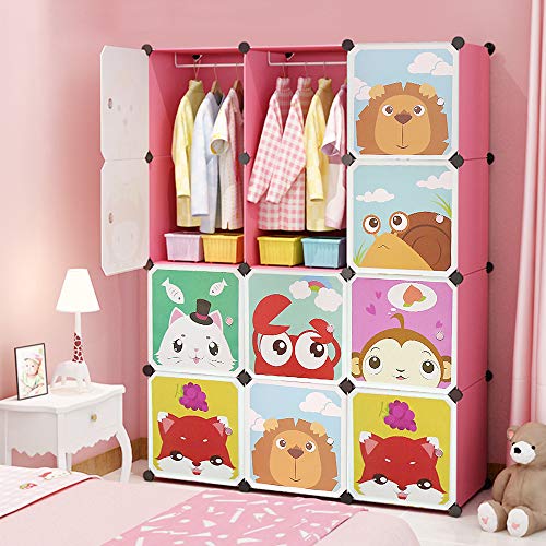 Kinderkleiderschrank, Schlafzimmerschrank, Modularer Kunststoffschrank mit Türen, Tragbarer Kleiderschränke, Garderobenschrank für Kinder (111 * 37 * 147cm rosa) von Kedia