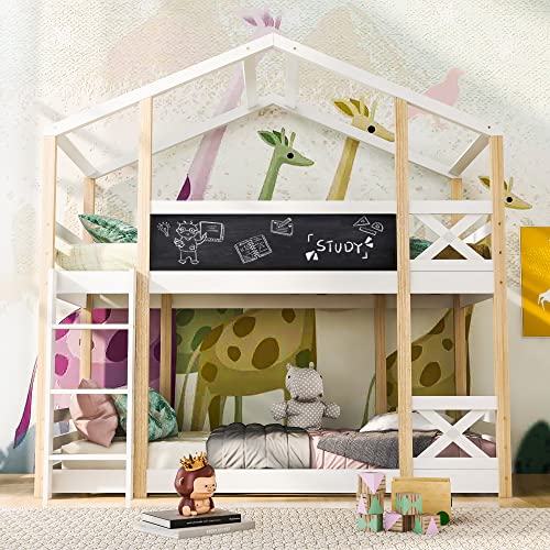 Kehun Etagenbett Kinderbett 90 x 200, Hausbett für 2 Kinder, Hochbett Holzbett mit Lattenrost und Leiter, Baumhaus Bett mit Rausfallschutz und Kinderbettgitter, Natur & Weiß, Ohne Matratze von Kehun