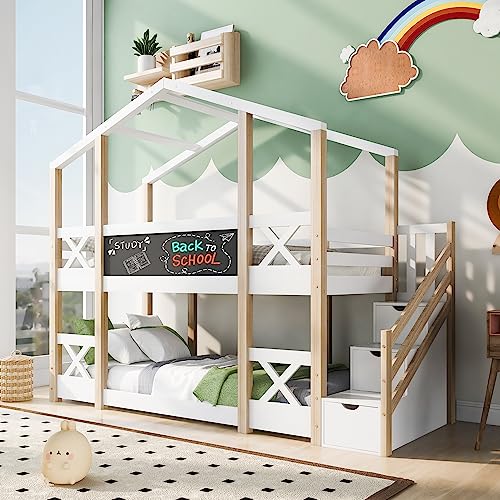 Kehun Etagenbett Kinderbett 90 x 200, Hausbett für 2 Kinder, Hochbett Holzbett mit Lattenrost und Schublade, Baumhaus Bett mit Rausfallschutz und Treppe, Weiß, Ohne Matratze von Kehun