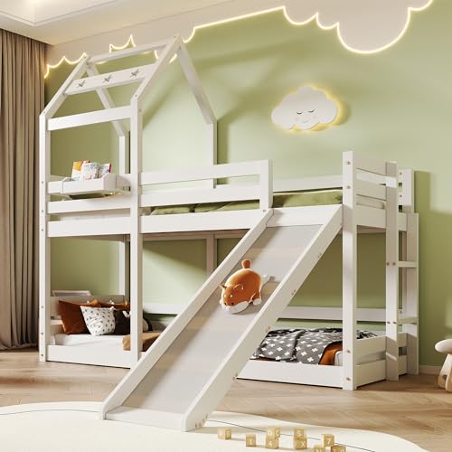 Kehun Kinderbett Etagenbett 90x200 cm, Hochbett Hausbett für 2 Kinder, Holzbett mit Lattenrost und Rutsche & Leiter, Baumhaus Bett mit Rausfallschutz, Weiß, Ohne Matratze von Kehun