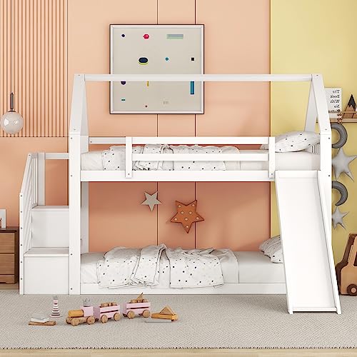 Kehun Kinderbett Etagenbett 90x200 cm für 2 Kinder, Hochbett Hausbett mit Stauraum Treppe und Rutsche, Holzbett mit Rausfallschutz und Lattenrost aus Holz, Weiß, Ohne Matratze von Kehun