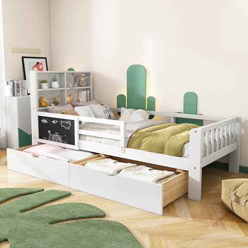 Kehun Kinderbett Holzbett 90×200 cm, Einzelbett mit Tafel und 2 Stauraum Schubladen, Bett mit Stauraum Nachttischregal und Rausfallschutz, Bettgestell für Kinder Jugendliche, Weiß, Ohne Matratze von Kehun