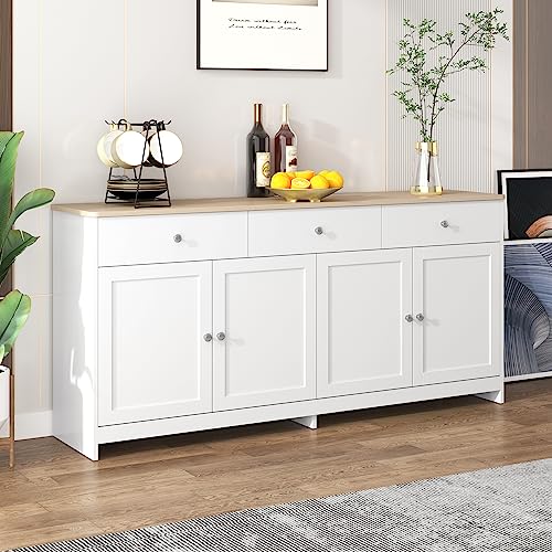 Kehun Sideboard Weiss für Wohnzimmer und Esszimmer, Kommode Schrank Buffetschrank 160x37x75 cm mit 4 Türen und 3 Stauraum Schubladen, Natur & Weiß von Kehun