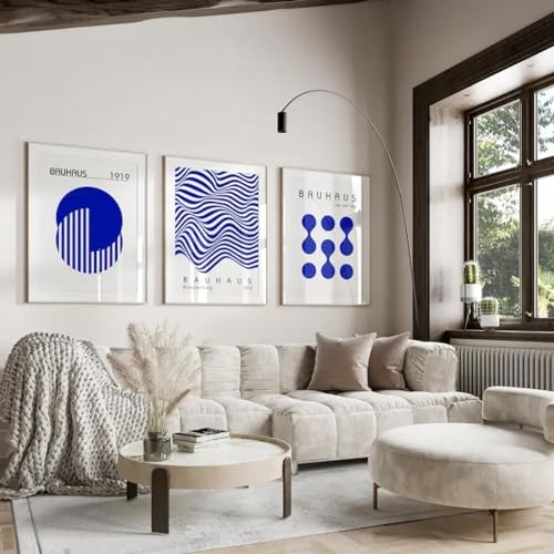 KemneT Blaue Bauhaus-Ausstellung geometrische Linie Posterdruck minimalistisches Retro-Wand Bilderbild moderner Leinwanddruck Wohnzimmer-Heimdekoration 40 x 60 cm x 3 ungerahmt von KemneT