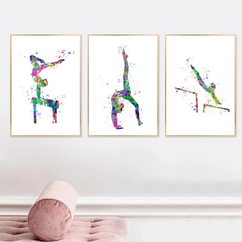 KemneT Abstrakte Turner-Poster Kunstdrucke Aquarell Sport Leinwand Bild Gymnastik Geschenke Fitnessstudio Wand Bilder Bilder Fitnessstudio Raum Heimdekoration 50 x 70 cm x 3 ungerahmt von KemneT