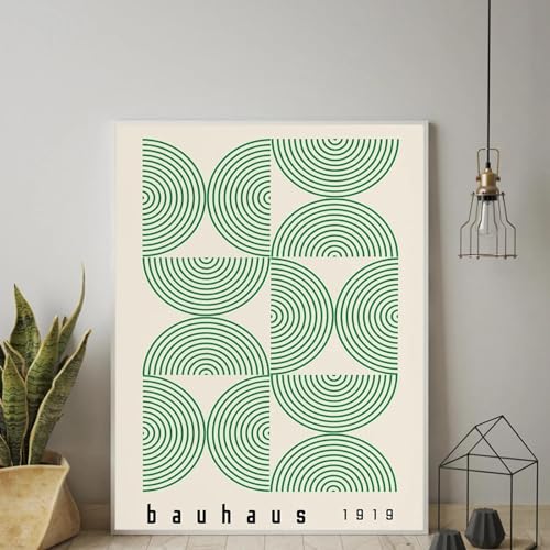 KemneT Bauhaus-Leinwandgemälde mit abstrakter grüner Liniengeometrie zeitgenössische Wand Bilder Retro-Ausstellungsposter Kunstdrucke Bilder Raumdekoration 60 x 80 cm ungerahmt von KemneT