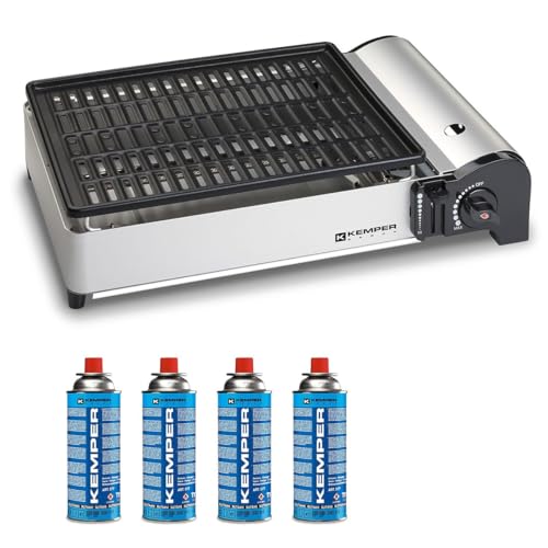 Kemper Gasgrill, 1,9 kW, Grillrost mit Antihaftbeschichtung + 4 Camping-Gaskartuschen von Kemper