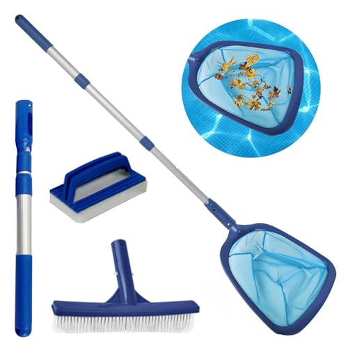 Pool Kescher, Pool Reinigungsset mit Teleskopstange, Verstellbarer 35 Zoll, Pool Kescher Set mit Schwammbürste und Schrubberbürste, Laubkescher Pool für Schwimmbad, Aquarium, Teich von Kensbro