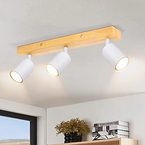 Ketom GU10 Deckenstrahler LED Weiß - Deckenstrahler 3 Flammig Holz - LED Deckenleuchte Schwenkbar - Modern Strahler Deckenspot - Deckenlampe Spot - Ohne Leuchtmittel von Ketom