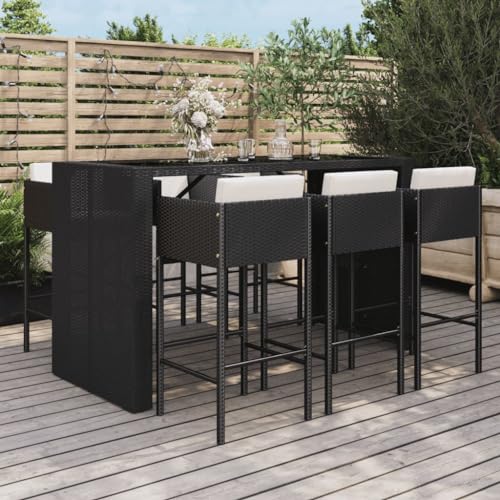 Keyroto 7-TLG.Gartenbar Outdoor Barhocker Outdoor Bar balkonmöbel Kleiner Balkon Gartenbar-Set mit Kissen Poly Rattan Schwarz von Keyroto