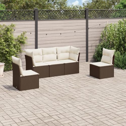 Keyroto Gartenlounge mit Stauraum Balkon Lounge Rattan Sofa Ecklounge Garten Lounge Sofa Outdoor Loungemöbel Gartensofa Ecksofa Sitzecke Balkon-Braun und Creme-5-tlg-2 von Keyroto