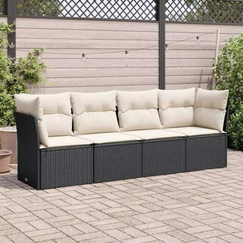 Keyroto Gartenlounge mit Stauraum Balkon Lounge Rattan Sofa Ecklounge Garten Lounge Sofa Outdoor Loungemöbel Gartensofa Ecksofa Sitzecke Balkon-Schwarz und Creme-4-tlg von Keyroto