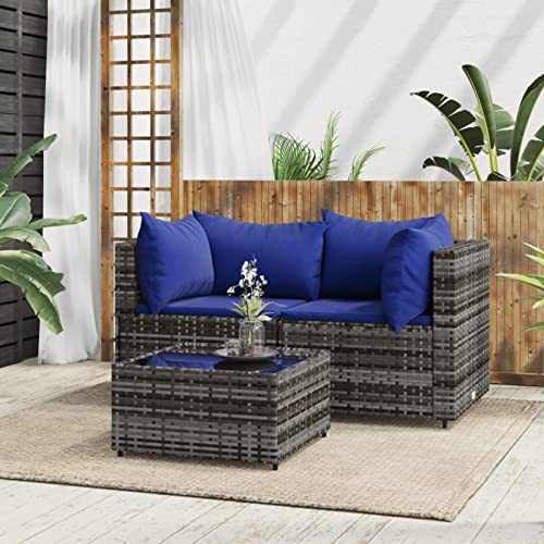 Keyroto Gartensofa Wetterfest Balkonmöbel Lounge Gartenmöbel Klein Balkonsofa Balkonmöbel Kleiner Balkon Garten loungemöbel Set Ecklounge Sofa Outdoor-Grau und Blau-3-tlg-2 von Keyroto