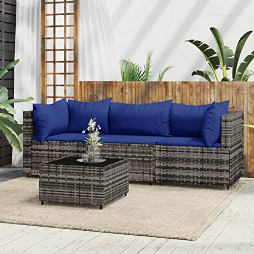 Keyroto Gartensofa Wetterfest Balkonmöbel Lounge Gartenmöbel Klein Balkonsofa Balkonmöbel Kleiner Balkon Garten loungemöbel Set Ecklounge Sofa Outdoor-Grau und Blau-4-tlg von Keyroto