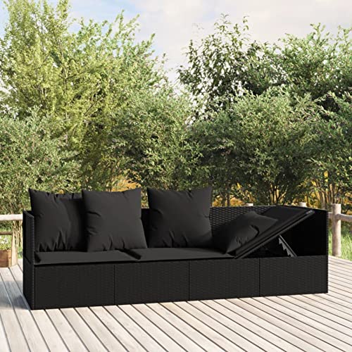 Keyroto Gartensofa mit Stauraum Balkon Lounge mit Stauraum Balkon Sofa Garten Loungemöbel Set Outdoor-Loungebett mit Kissen Poly Rattan Schwarz von Keyroto