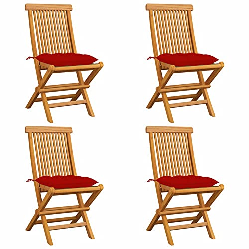 Keyroto Gartenstühle mit Roten Kissen 4 STK. Massivholz Teak, Garten Stühle, Terrassenstühle, Balkon Stuhl, Balkonstühle, Stuhl Garten, Balkonstuhl, Stuhl Balkon von Keyroto