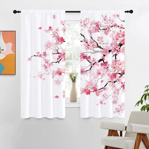 Kikiry Sakura-Vorhang, 106,7 cm B x 160 cm L, florales Kirschpflaumenblüten, japanischer asiatischer Stil, Vorhänge für Wohnzimmer, Schlafzimmer, Fenster, Behandlungsstoff, 1 Paar von Kikiry