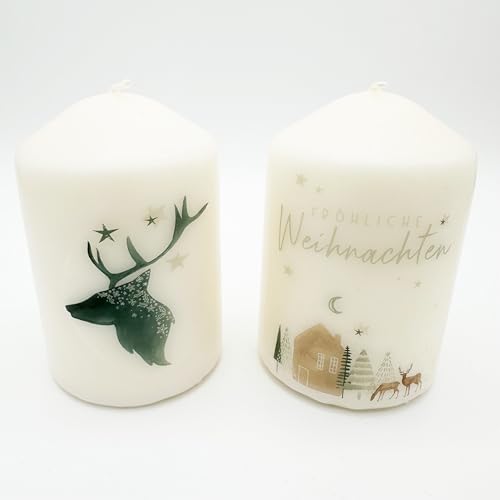 Adventskerzen Weihnachtskranz mit winterlichen Motiv Stumpfkerzen Spruch Advent mit Zahlenmotiv Weihnachtsdeko (Hirsch) von Kilala