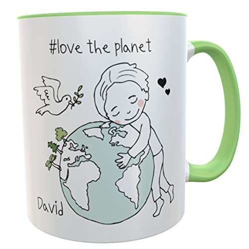 Kaffeetasse Geschenk Kinder Natur Tasse love the planet Friedenstaube (grün Junge mit Namen) von Kilala