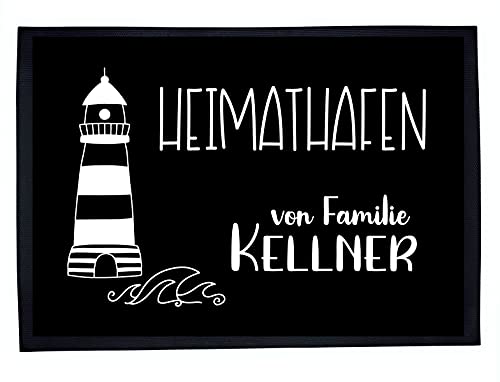 Kilala personalisierte Fußmatte Maritime weiß Heimathafen Leuchturm 50x35cm Fußabtreter Türmatte Gummirand (Leuchtturm schwarz) von Kilala