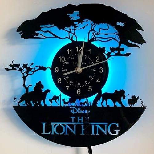 KingLive Cartoon Der König der Löwen Wanduhr, Simba Vinyl Schallplatte Wanddekoration,Weihnachten & Halloween Deko, ​Simbas Königreich Wohnzimmer Küche Uhr(Mit LED-Nachtlicht von KingLive