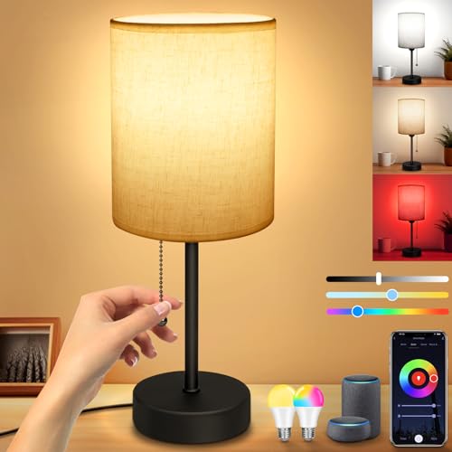 KingMile WLAN LED Nachttischlampe Dimmbar - RGBCW Tischlampe für Schlafzimmer mit Kabel, 2 LED Birnen, Smart Nachtlicht Funktioniert mit Alexa Google Home für Babyzimmer Büro Leinen Lampenschirm von KingMile