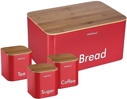 Kinghoff 4-teiliges Aufbewahrungsdosen-Set für die Küche, inklusive Brotkasten, Tee, Kaffee, Zucker, Dosen, Behälter, Vorratsgläser, Töpfe, Rot von KING HOFF