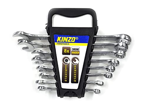 Kinzo Ratschenschlüssel Set 8 Teilig - Schraubenschlüssel von 8 bis 19MM - Chrom-Vanadium-Stahl - Silber von Kinzo