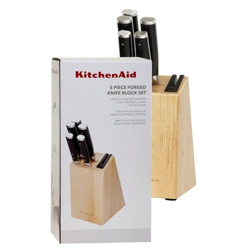 KitchenAid KO5PSTSNOBG 5-teiliges Messerset aus japanischem Stahl mit Schärfer und Birkenholzblock, Stainless Steel von KitchenAid