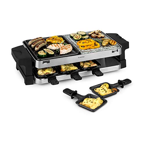 Klarstein Sirloin Raclette-Grill, 1500 Watt, 2-in-1: Aluminium-Grillplatte & Natursteinplatte, Edelstahl-Heizelement, regulierbarer Thermostat, für 8 Personen, Raclette-Pfannen aus Stahl von Klarstein