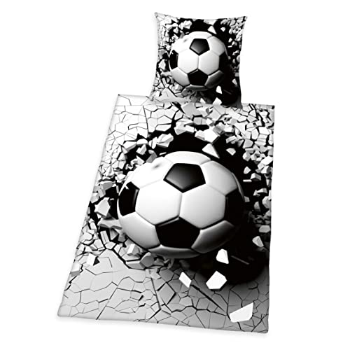 Herding 3D Effekt Bettwäsche-Set, Fußball, Kopfkissenbezug 80 x 80 cm, Bettbezug 135 x 200 cm, Mit leichtläufigem Reißverschluss, 100% Baumwolle/Renforcé, Grau/Weiß von Herding