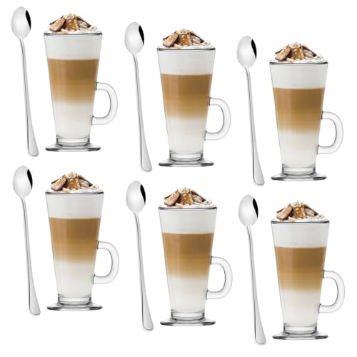 Kaffeegläser Latte Macchiato, 250 ml, 6 Stück und 6 Cocktail-Teelöffel, Kaffeegläser mit Griffen mit langem Cocktaillöffel von Klauss