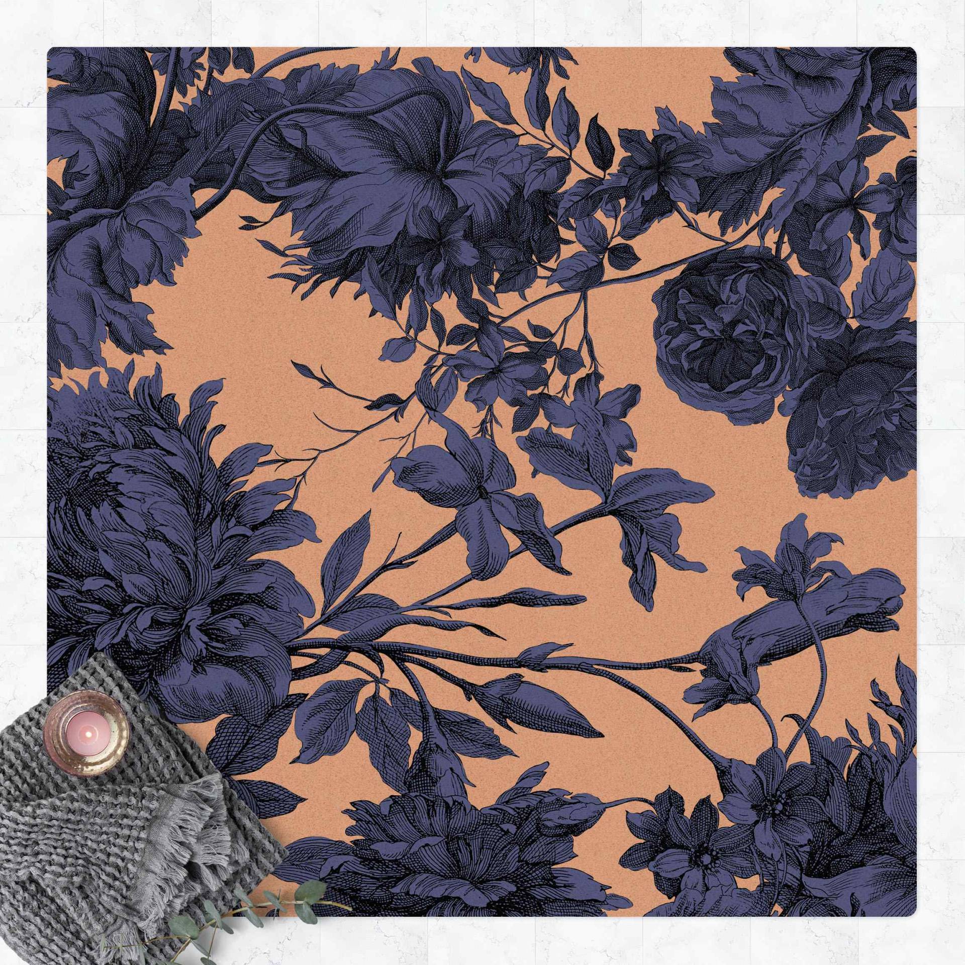 Kork-Teppich Floraler Kupferstich Geflecht Nachtblau von Klebefieber