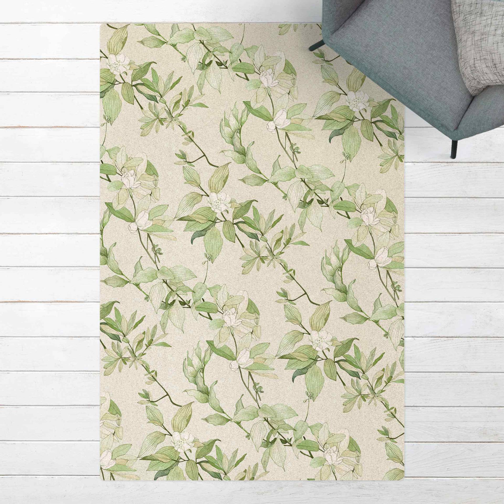 Kork-Teppich Romantisches Blütenaquarell Natur Grün von Klebefieber