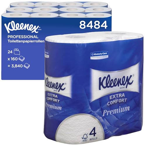 Kleenex Premium Toilettenpapier Rolle 8484, WC-Papier 24 Rollen x 160 wattierte Blätter, Klopapier 4-lagig, 100% reine Faser, hochwertig, reißfest und weich von KLEENEX