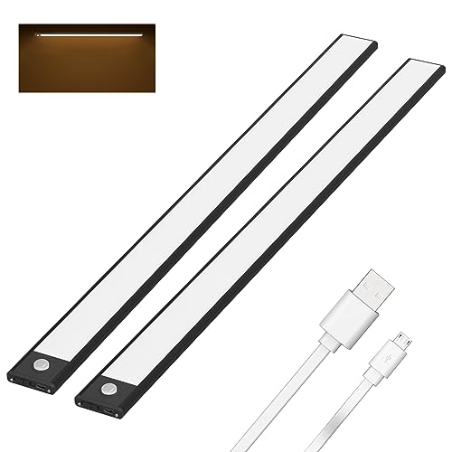 Klighten 2 Stück Schrankleuchten mit Bewegungsmelder, 60cm, LED Sensor Licht mit 113 LED, USB Wiederaufladbar Batterie Nachtlicht Schranklicht für Schrank Flur Küche, Auto/ON/OFF, Warmweiß, Schwarz von Klighten