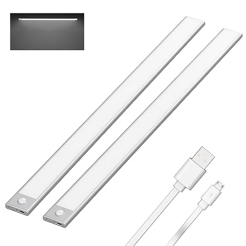 Klighten 2 Stück Schrankleuchten mit Bewegungsmelder, 60cm LED Nachtlicht mit 113 LED, USB Wiederaufladbar Batterie Küchenleuchte Schranklicht Unterbauleuchte, Auto/ON/OFF, Kaltes Weiß, Silber von Klighten