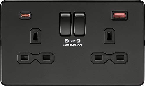 Knightsbridge SFR9909 schraubenlose Doppelsteckdose mit 2 Schnelllade-USB-A+C-Anschlüssen in Mattschwarz von Knightsbridge