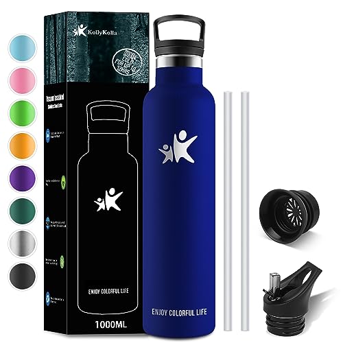 KollyKolla Thermosflasche 1 Liter, Trinkflasche Edelstahl 1L mit Strohhalm, BPA-frei Isolierflasche, Thermoskanne Kohlensäure Geeignet, Auslaufsicher Wasserflasche für Erwachsene, Sport, Fitness, Gym von KollyKolla