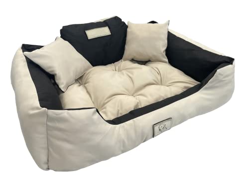 KomfortHome Premium Hunde- und Katzenbett mit Zwei Kissen - Waschbar, Wasserdicht, Kratzfest, PVC-Material - Perfekt für Komfort & Hygiene (115 x 95 cm, Beige) von KomfortHome