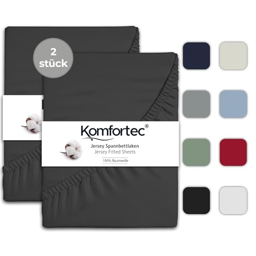 Komfortec 2er Pack Jersey Spannbettlaken 90x200 cm, 100% Baumwolle, Doppelpack Spannbettuch, Anthrazit von Komfortec