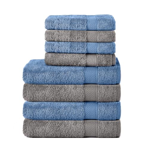 Komfortec 8er Handtuch Set aus 100% Baumwolle, 4 Badetücher 70x140 und 4 Handtücher 50x100 cm, Frottee, Weich, Towel, Groß, Anthrazit//Hellblau von Komfortec