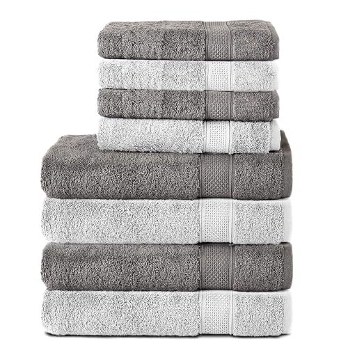 Komfortec 8er Handtuch Set aus 100% Baumwolle, 4 Badetücher 70x140 und 4 Handtücher 50x100 cm, Frottee, Weich, Towel, Groß, Anthrazit/Weiß von Komfortec