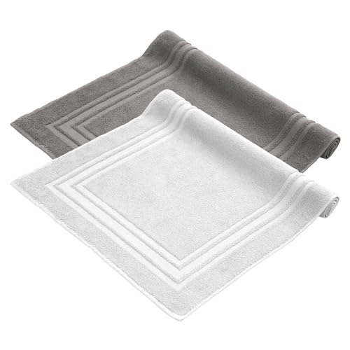 Komfortec Badvorleger Set 2 Teilig, Frottee Duschvorleger, Waschbar Duschmatte & Badteppich, 600 g/m² &100% Baumwolle, Saugfähig & Schnelltrocknend, 50 x 70 cm, Anthrazit Grau/Weiß von Komfortec