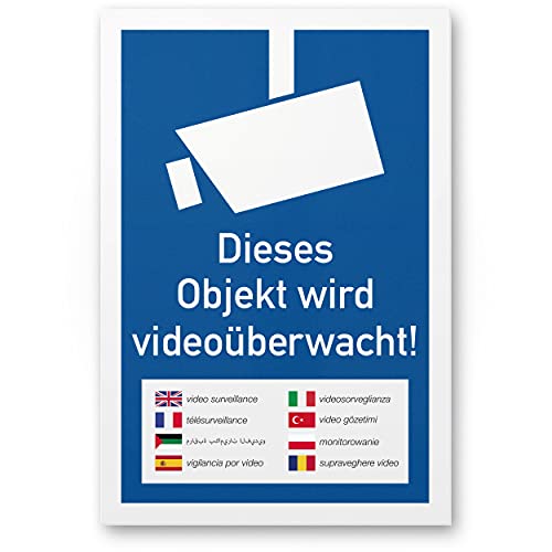 Komma Security Objekt Videoüberwacht mehrsprachig Schild 20 x 30 cm - Achtung Vorsicht Videoüberwachung - Hinweis Hinweisschild Videoüberwacht - Warnschild Warnhinweis Videoüberwachung von Komma Security